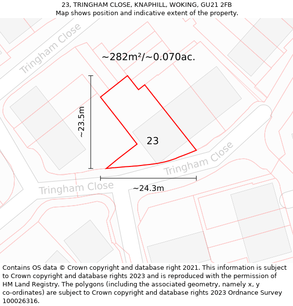 23, TRINGHAM CLOSE, KNAPHILL, WOKING, GU21 2FB: Plot and title map