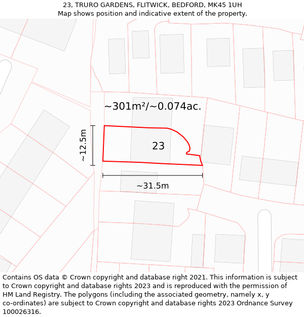 23, TRURO GARDENS, FLITWICK, BEDFORD, MK45 1UH: Plot and title map