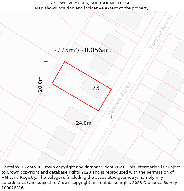 23, TWELVE ACRES, SHERBORNE, DT9 4FE: Plot and title map