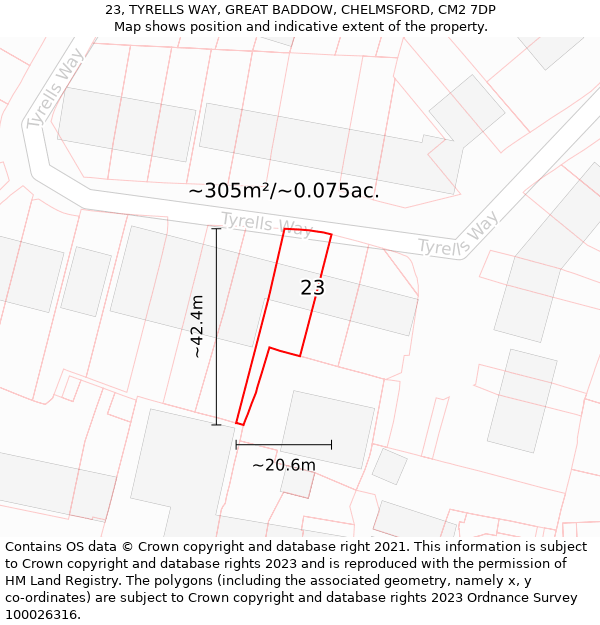 23, TYRELLS WAY, GREAT BADDOW, CHELMSFORD, CM2 7DP: Plot and title map