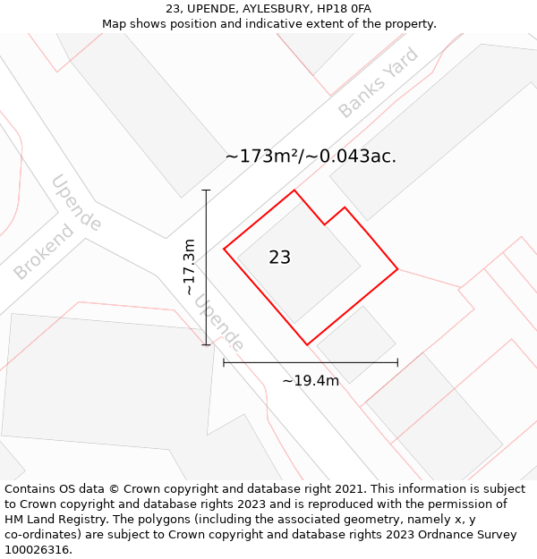 23, UPENDE, AYLESBURY, HP18 0FA: Plot and title map