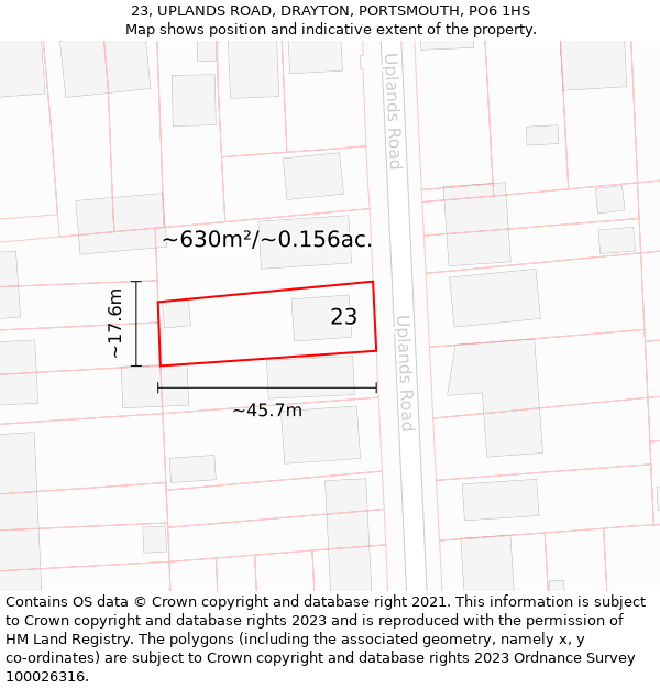 23, UPLANDS ROAD, DRAYTON, PORTSMOUTH, PO6 1HS: Plot and title map