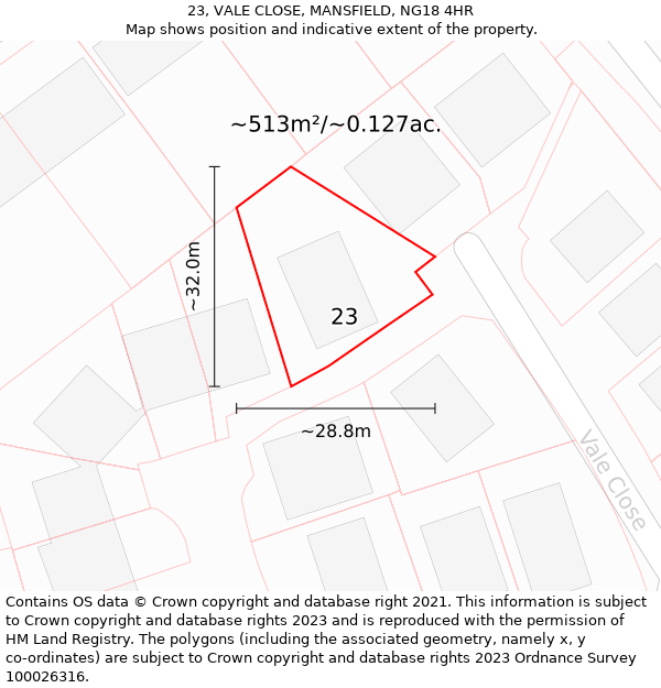 23, VALE CLOSE, MANSFIELD, NG18 4HR: Plot and title map