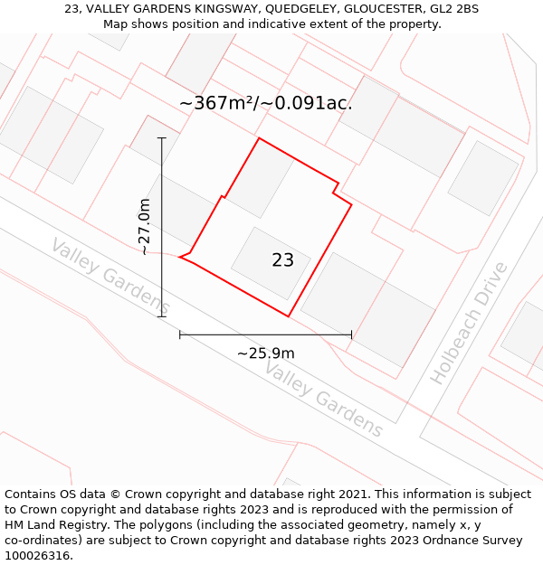 23, VALLEY GARDENS KINGSWAY, QUEDGELEY, GLOUCESTER, GL2 2BS: Plot and title map