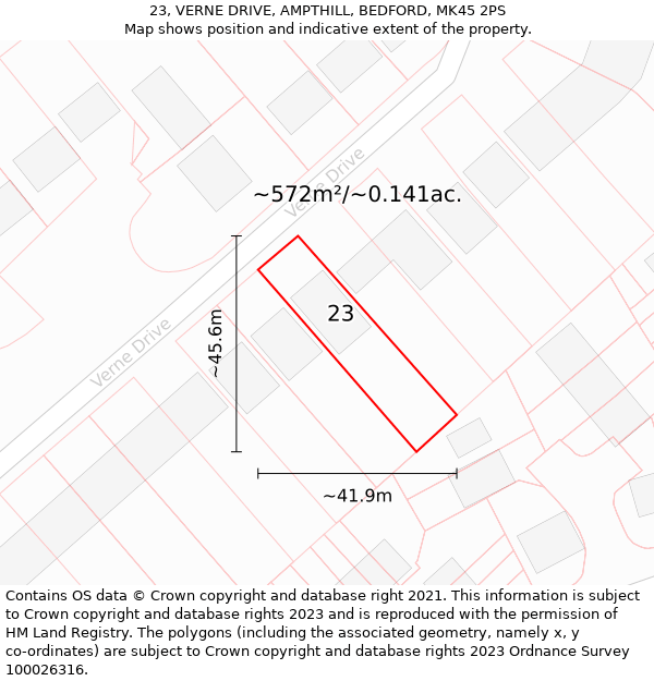 23, VERNE DRIVE, AMPTHILL, BEDFORD, MK45 2PS: Plot and title map