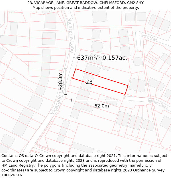23, VICARAGE LANE, GREAT BADDOW, CHELMSFORD, CM2 8HY: Plot and title map