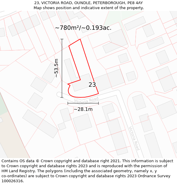 23, VICTORIA ROAD, OUNDLE, PETERBOROUGH, PE8 4AY: Plot and title map