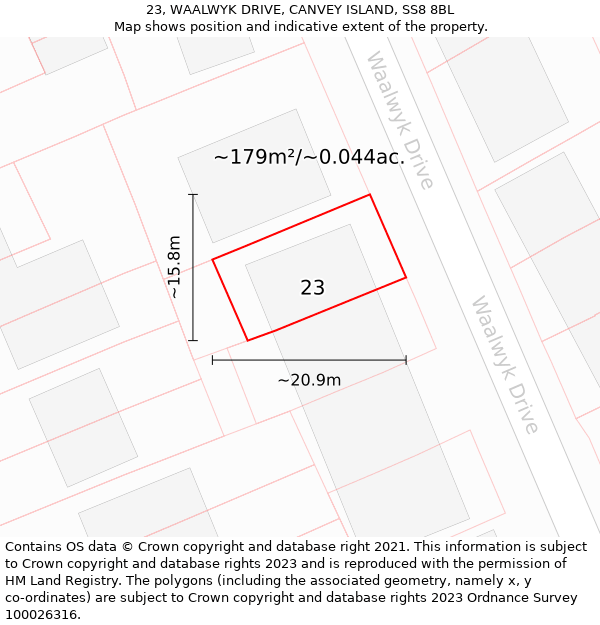 23, WAALWYK DRIVE, CANVEY ISLAND, SS8 8BL: Plot and title map