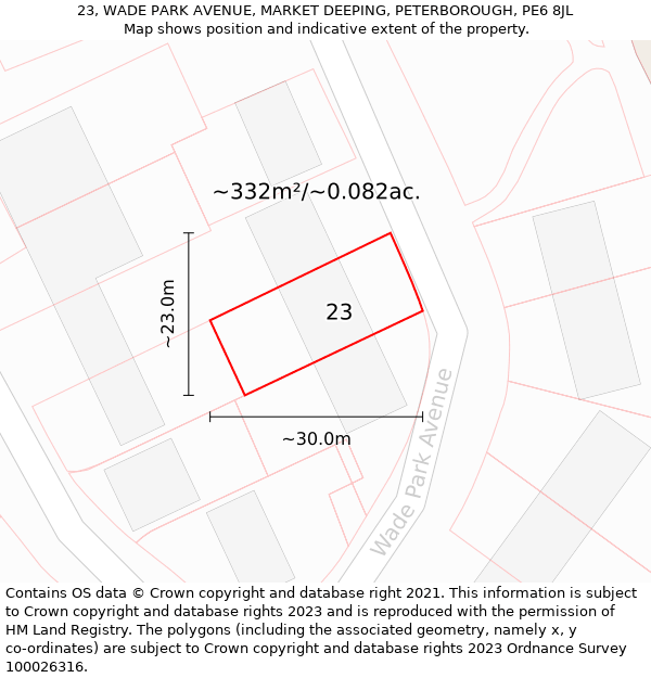 23, WADE PARK AVENUE, MARKET DEEPING, PETERBOROUGH, PE6 8JL: Plot and title map