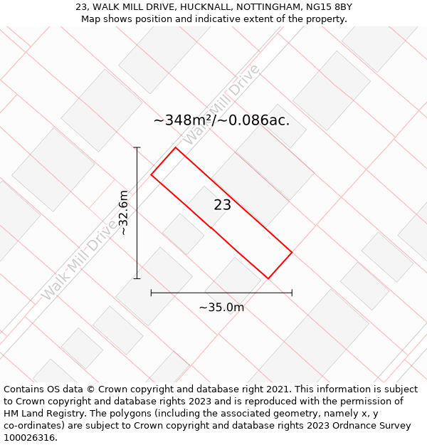 23, WALK MILL DRIVE, HUCKNALL, NOTTINGHAM, NG15 8BY: Plot and title map