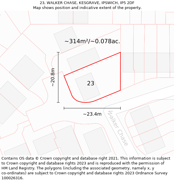 23, WALKER CHASE, KESGRAVE, IPSWICH, IP5 2DF: Plot and title map
