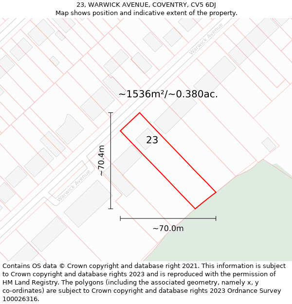 23, WARWICK AVENUE, COVENTRY, CV5 6DJ: Plot and title map