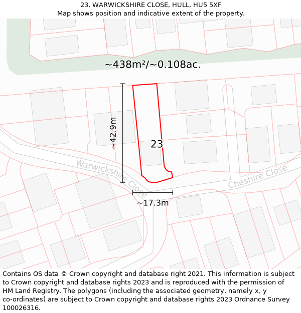 23, WARWICKSHIRE CLOSE, HULL, HU5 5XF: Plot and title map