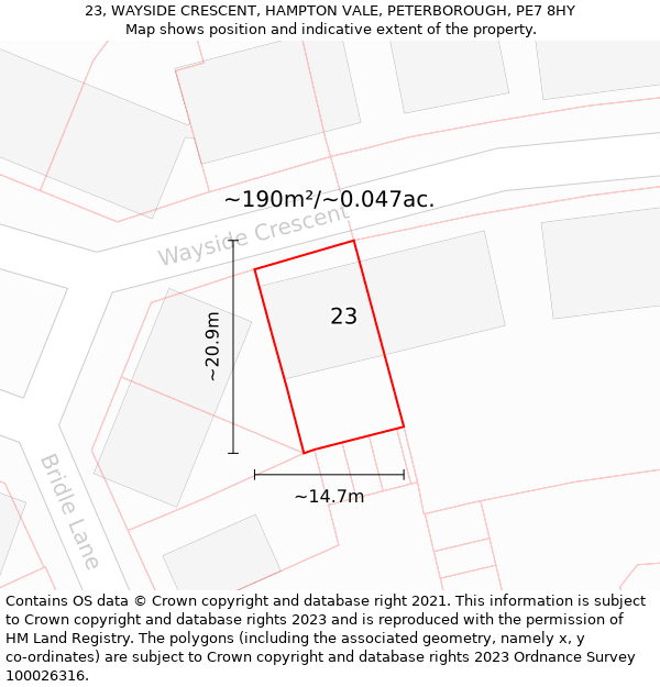 23, WAYSIDE CRESCENT, HAMPTON VALE, PETERBOROUGH, PE7 8HY: Plot and title map