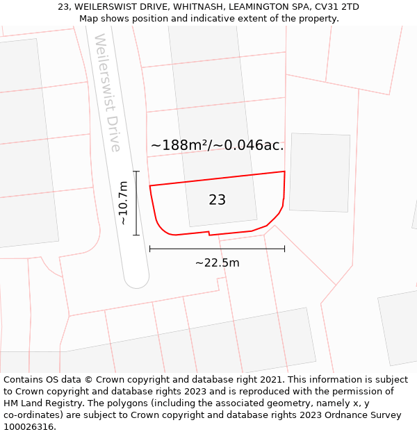 23, WEILERSWIST DRIVE, WHITNASH, LEAMINGTON SPA, CV31 2TD: Plot and title map