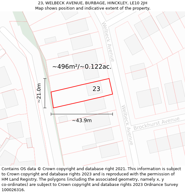 23, WELBECK AVENUE, BURBAGE, HINCKLEY, LE10 2JH: Plot and title map