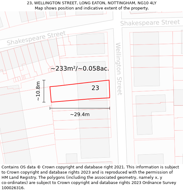 23, WELLINGTON STREET, LONG EATON, NOTTINGHAM, NG10 4LY: Plot and title map