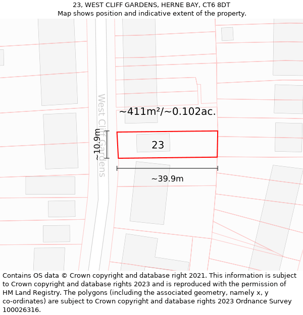 23, WEST CLIFF GARDENS, HERNE BAY, CT6 8DT: Plot and title map