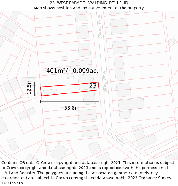 23, WEST PARADE, SPALDING, PE11 1HD: Plot and title map