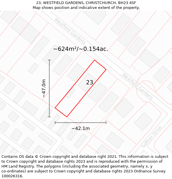 23, WESTFIELD GARDENS, CHRISTCHURCH, BH23 4SF: Plot and title map