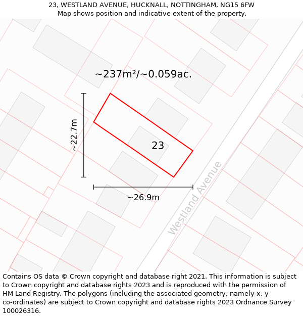 23, WESTLAND AVENUE, HUCKNALL, NOTTINGHAM, NG15 6FW: Plot and title map