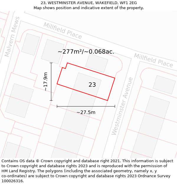 23, WESTMINSTER AVENUE, WAKEFIELD, WF1 2EG: Plot and title map