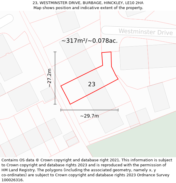 23, WESTMINSTER DRIVE, BURBAGE, HINCKLEY, LE10 2HA: Plot and title map