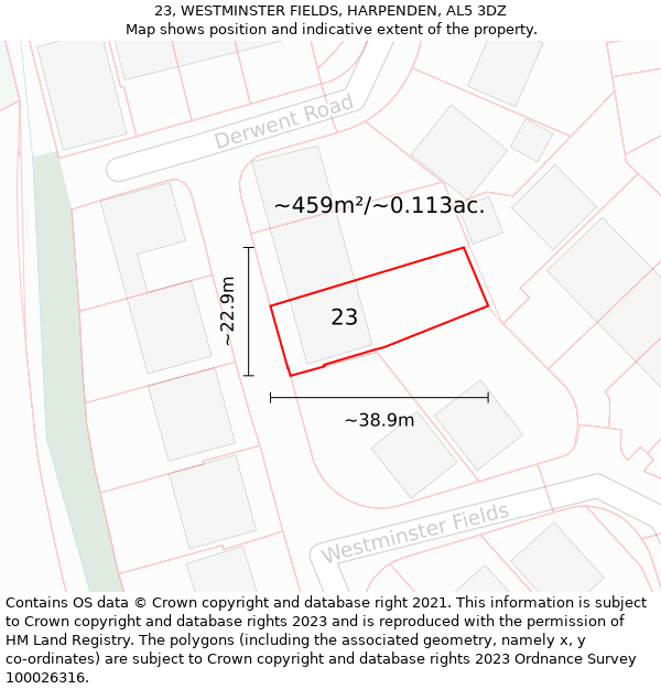 23, WESTMINSTER FIELDS, HARPENDEN, AL5 3DZ: Plot and title map