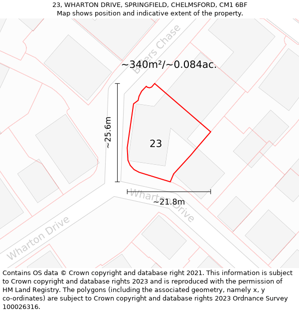 23, WHARTON DRIVE, SPRINGFIELD, CHELMSFORD, CM1 6BF: Plot and title map