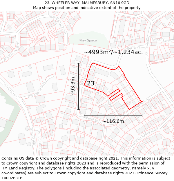 23, WHEELER WAY, MALMESBURY, SN16 9GD: Plot and title map