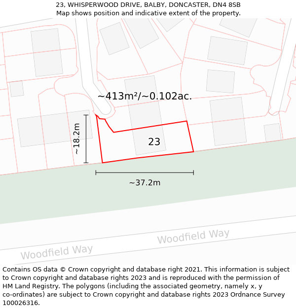 23, WHISPERWOOD DRIVE, BALBY, DONCASTER, DN4 8SB: Plot and title map