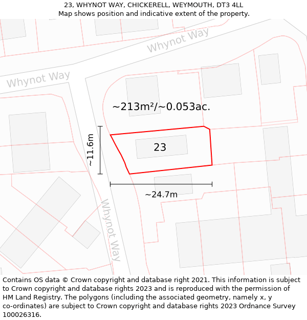 23, WHYNOT WAY, CHICKERELL, WEYMOUTH, DT3 4LL: Plot and title map