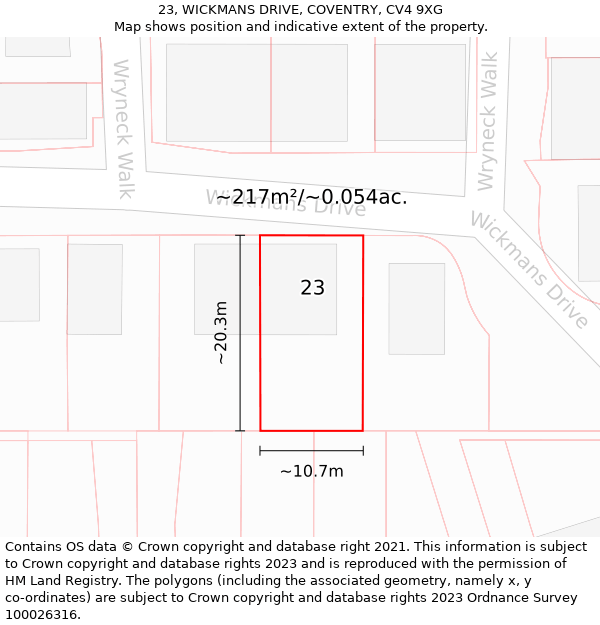 23, WICKMANS DRIVE, COVENTRY, CV4 9XG: Plot and title map