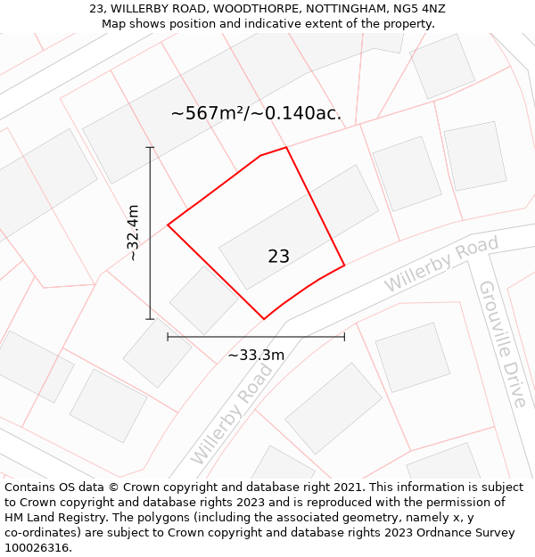 23, WILLERBY ROAD, WOODTHORPE, NOTTINGHAM, NG5 4NZ: Plot and title map