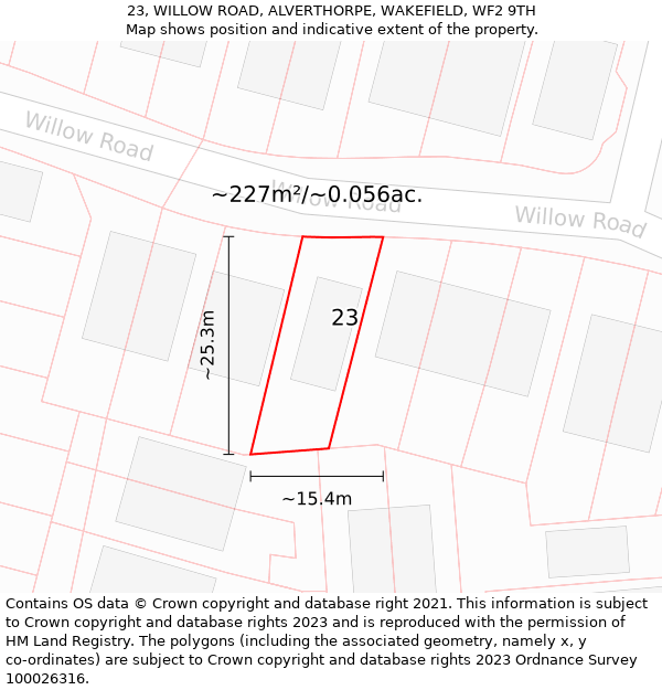 23, WILLOW ROAD, ALVERTHORPE, WAKEFIELD, WF2 9TH: Plot and title map