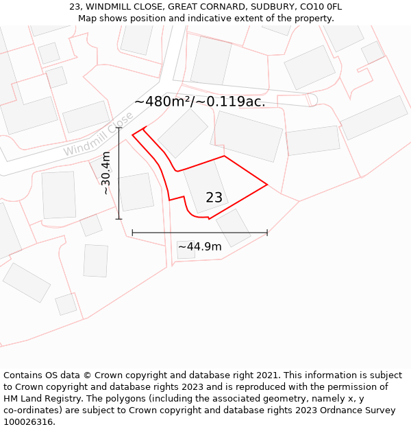 23, WINDMILL CLOSE, GREAT CORNARD, SUDBURY, CO10 0FL: Plot and title map