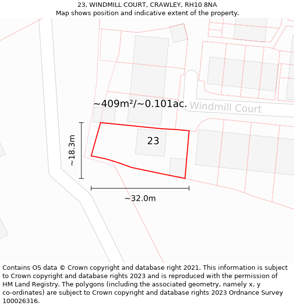 23, WINDMILL COURT, CRAWLEY, RH10 8NA: Plot and title map