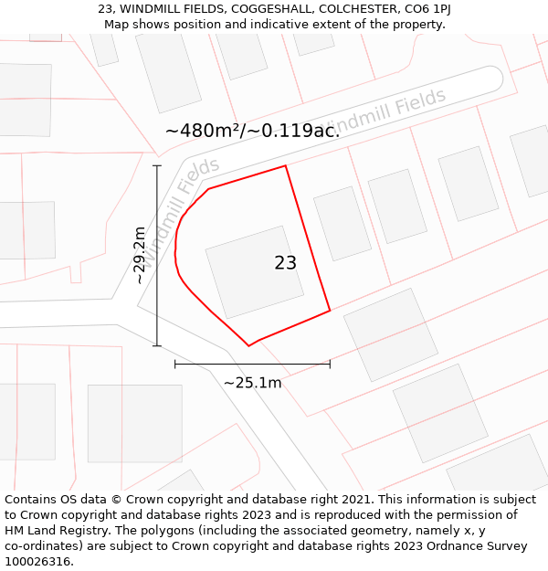 23, WINDMILL FIELDS, COGGESHALL, COLCHESTER, CO6 1PJ: Plot and title map