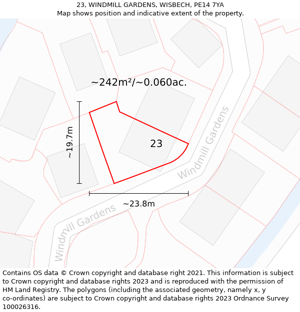 23, WINDMILL GARDENS, WISBECH, PE14 7YA: Plot and title map