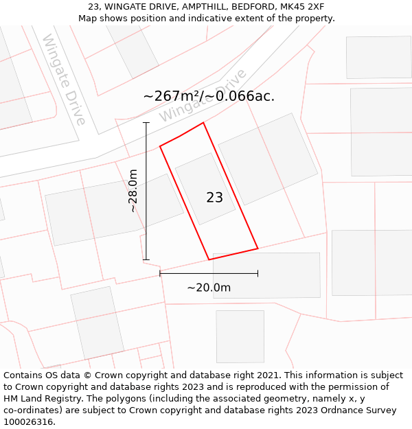 23, WINGATE DRIVE, AMPTHILL, BEDFORD, MK45 2XF: Plot and title map