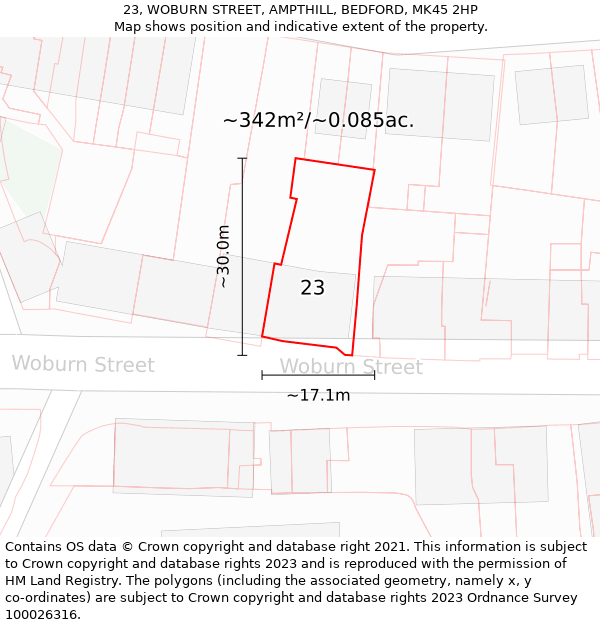 23, WOBURN STREET, AMPTHILL, BEDFORD, MK45 2HP: Plot and title map