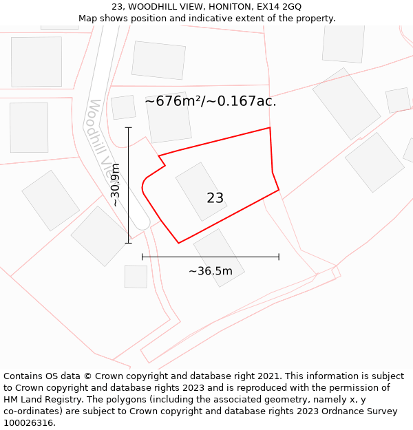 23, WOODHILL VIEW, HONITON, EX14 2GQ: Plot and title map