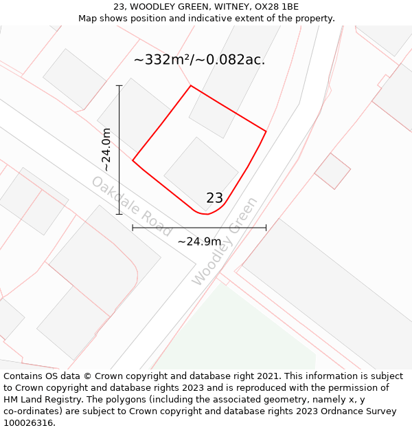 23, WOODLEY GREEN, WITNEY, OX28 1BE: Plot and title map