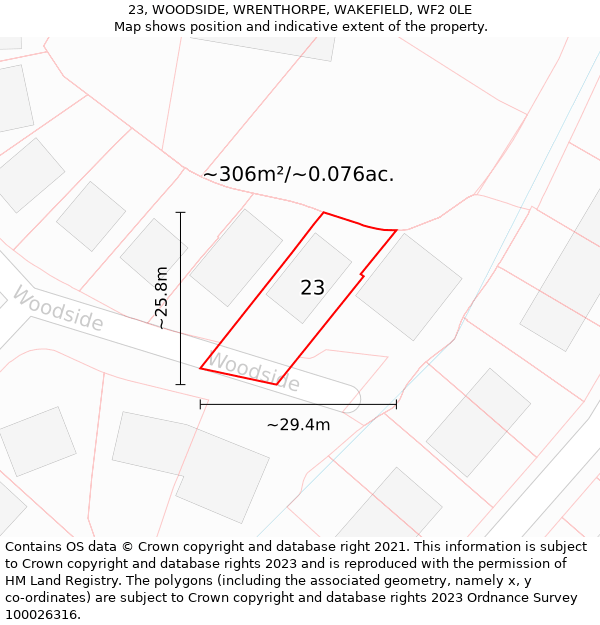 23, WOODSIDE, WRENTHORPE, WAKEFIELD, WF2 0LE: Plot and title map