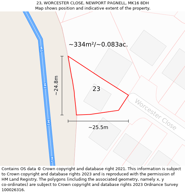 23, WORCESTER CLOSE, NEWPORT PAGNELL, MK16 8DH: Plot and title map