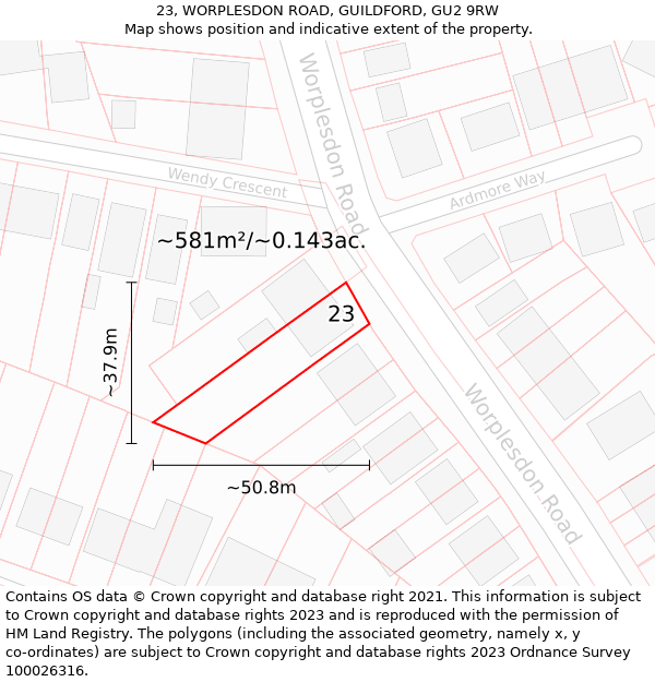 23, WORPLESDON ROAD, GUILDFORD, GU2 9RW: Plot and title map