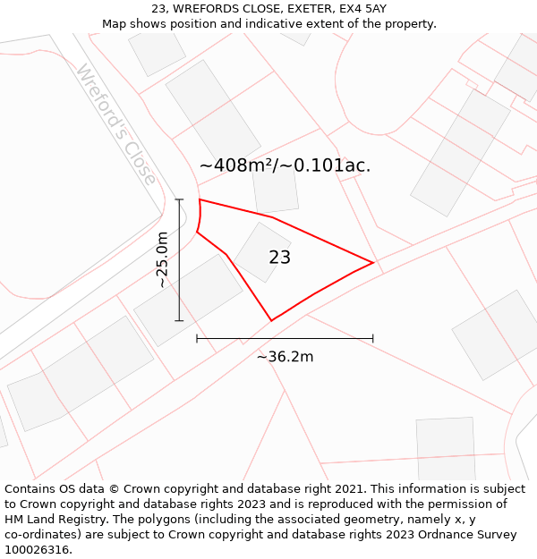 23, WREFORDS CLOSE, EXETER, EX4 5AY: Plot and title map