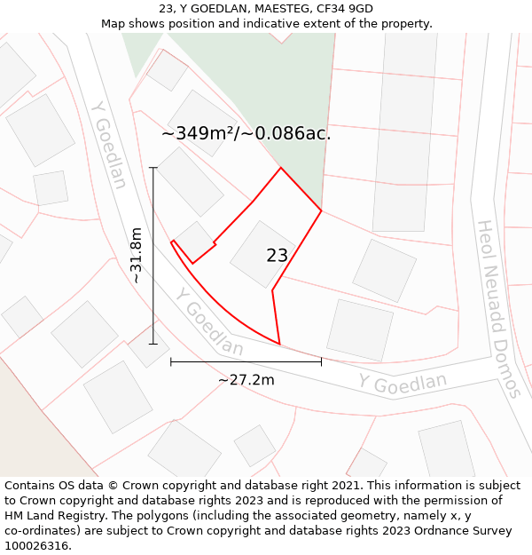 23, Y GOEDLAN, MAESTEG, CF34 9GD: Plot and title map