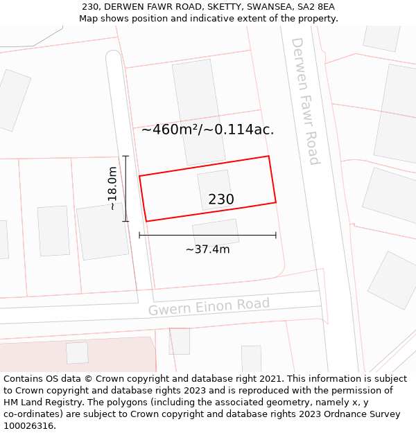 230, DERWEN FAWR ROAD, SKETTY, SWANSEA, SA2 8EA: Plot and title map