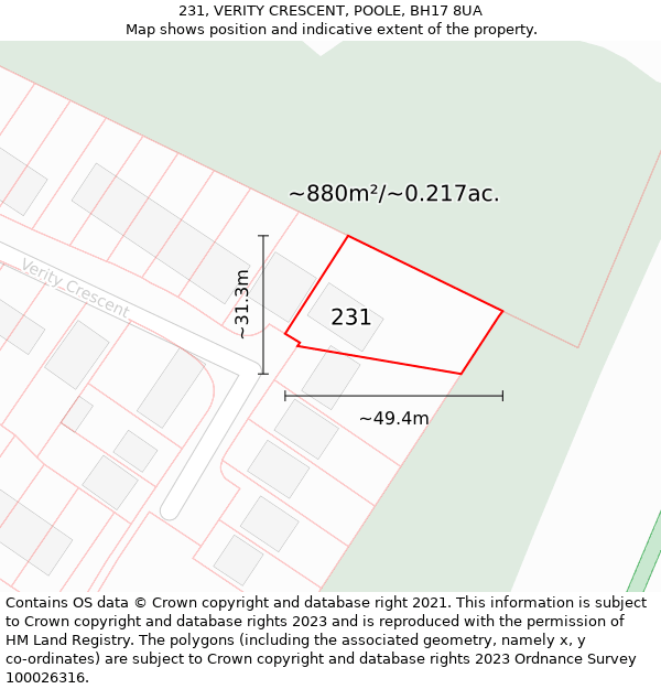 231, VERITY CRESCENT, POOLE, BH17 8UA: Plot and title map